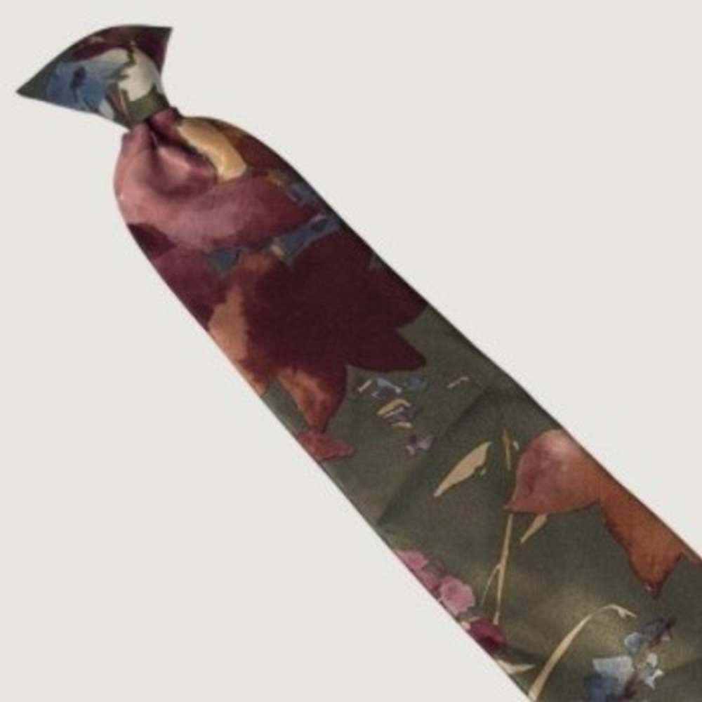 Ketch Clip-On Tie Olive Green Burgundy Floral Watercolor Vintage Style 17x3.25"